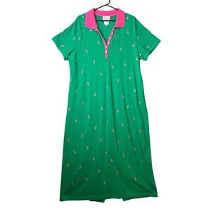 Vintage Quacker Factory Polo Green Dress Pink Flamingo Embroidered Summer‎ Sz 1X